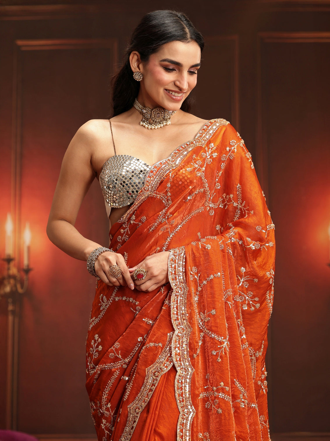 Mameraa Art Orange Embellished Tissue Saree