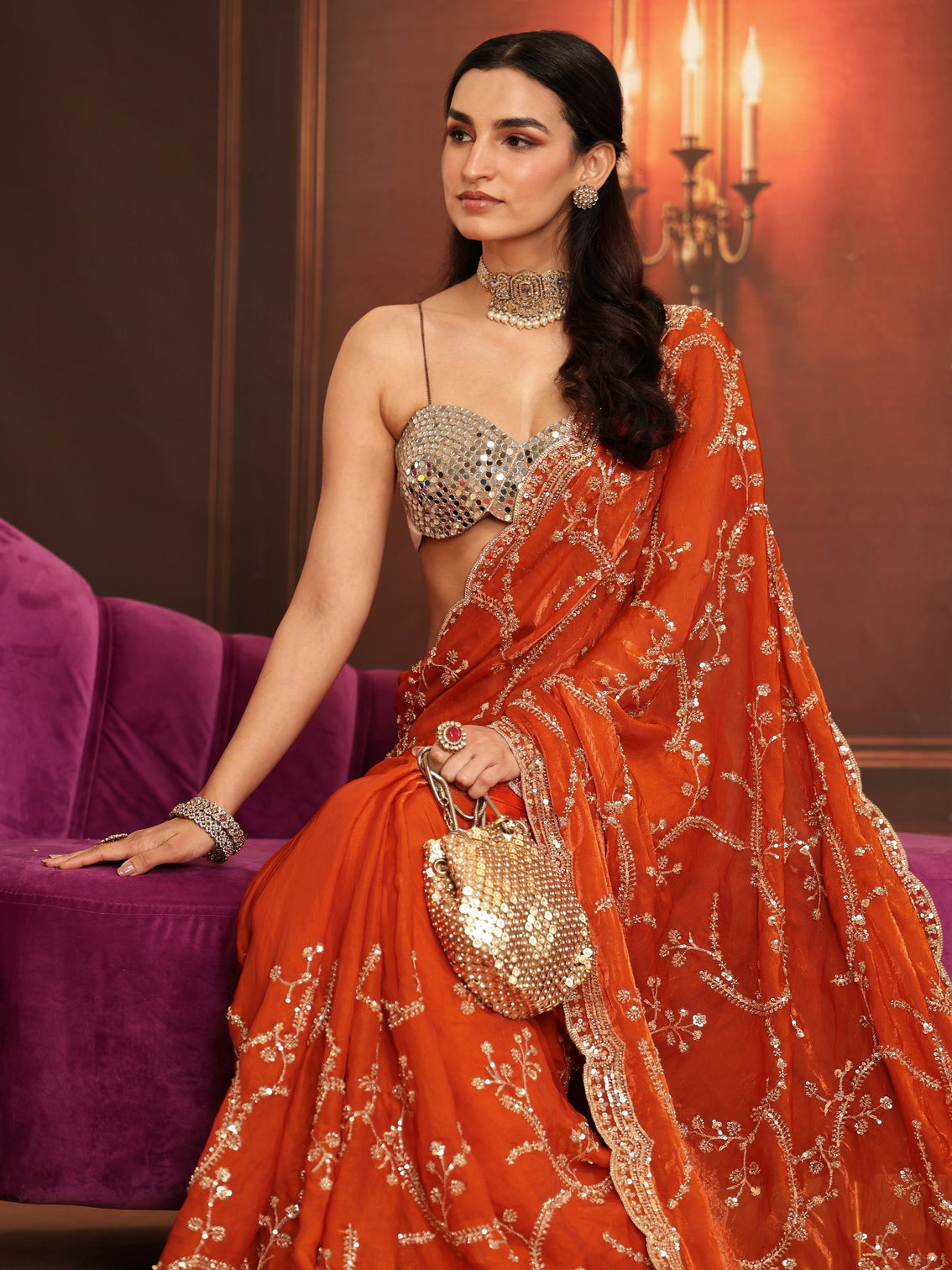 Mameraa Art Orange Embellished Tissue Saree