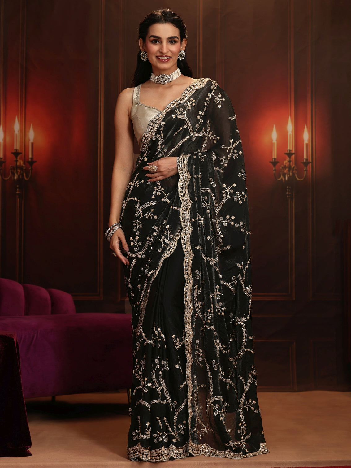 Mameraa Art Black Embellished Tissue Saree