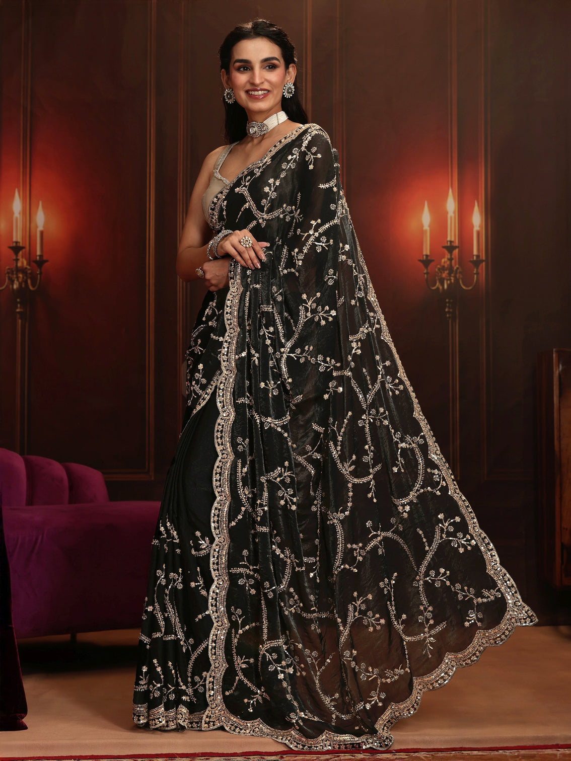 Mameraa Art Black Embellished Tissue Saree