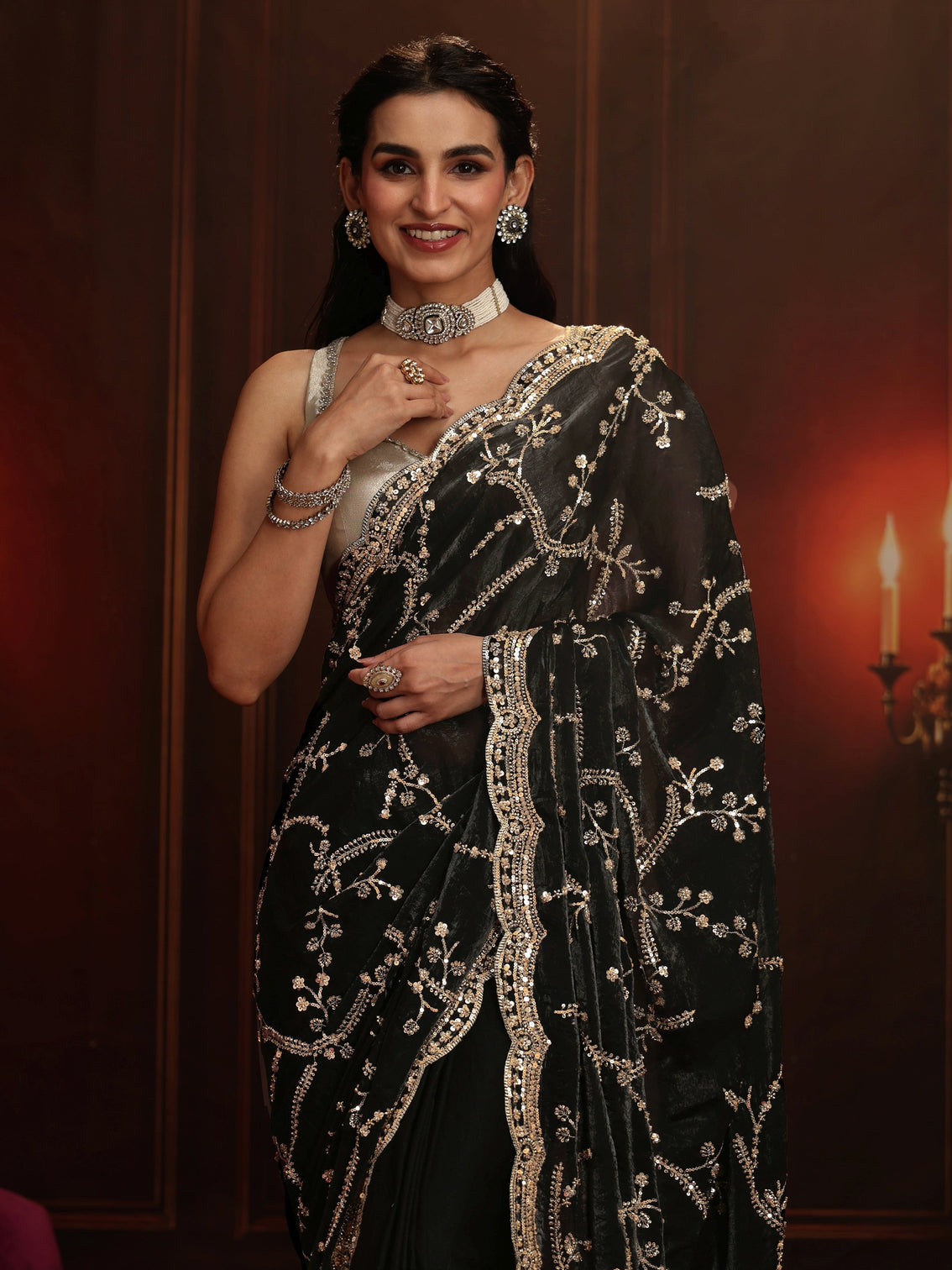 Mameraa Art Black Embellished Tissue Saree