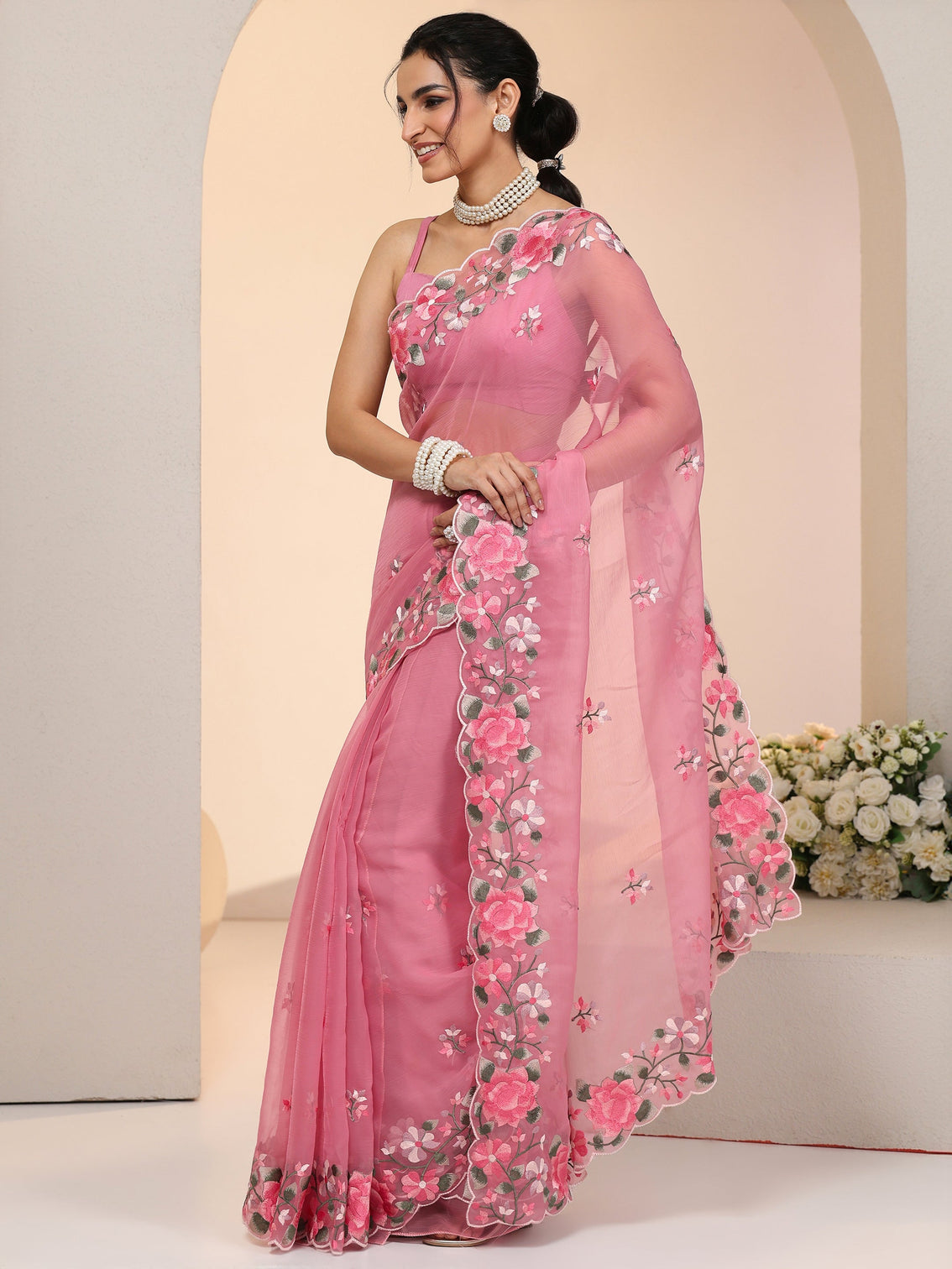 Mameraa Rose Pink Floral Embroidered Chiffon Saree with Scalloped Border
