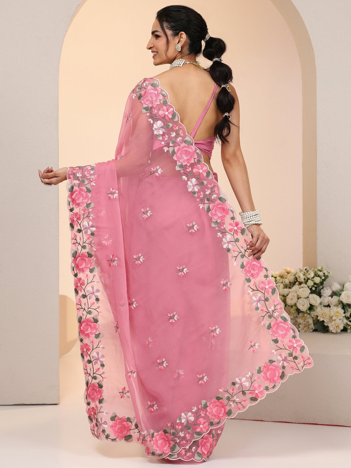 Mameraa Rose Pink Floral Embroidered Chiffon Saree with Scalloped Border