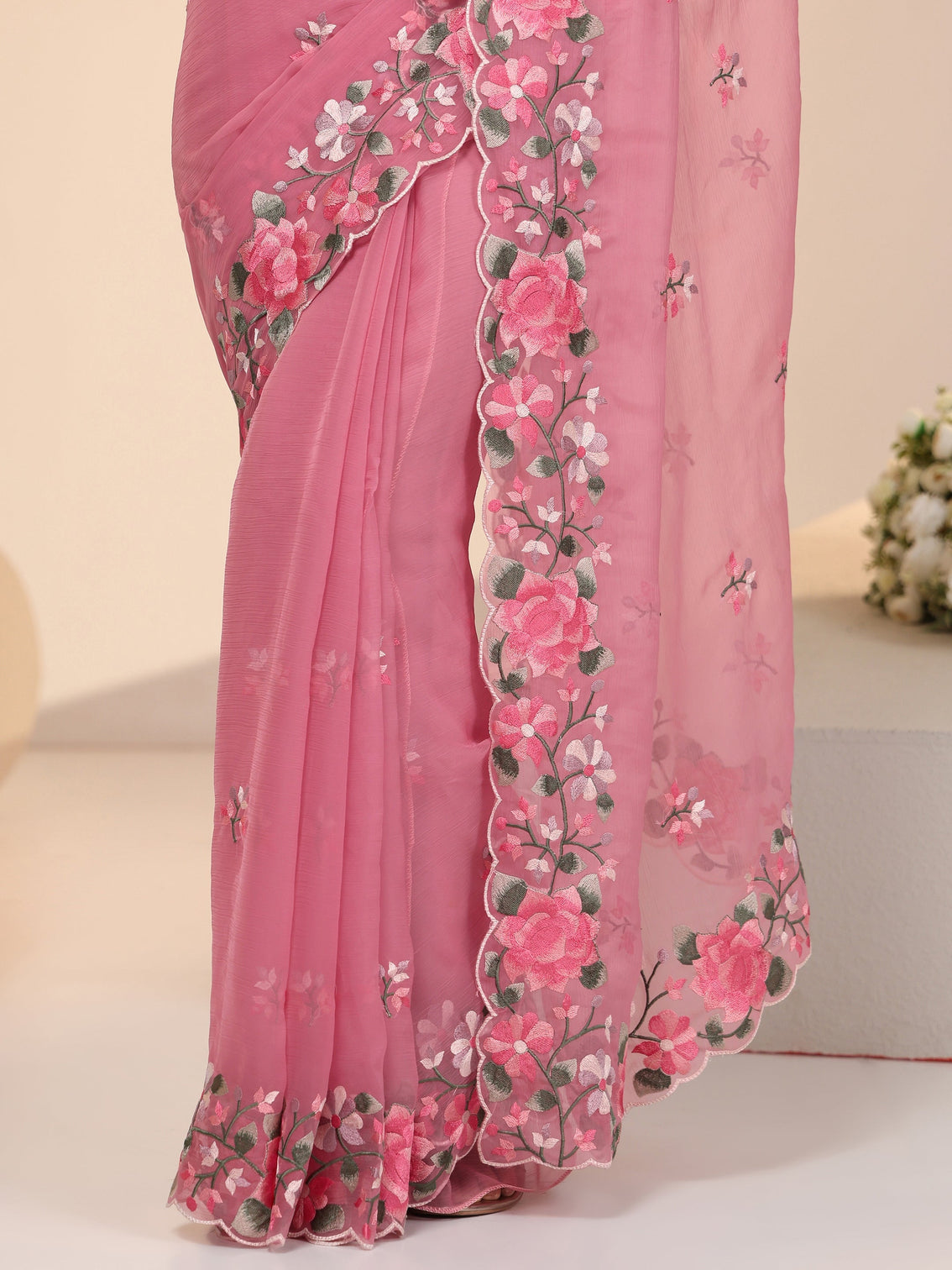 Mameraa Rose Pink Floral Embroidered Chiffon Saree with Scalloped Border