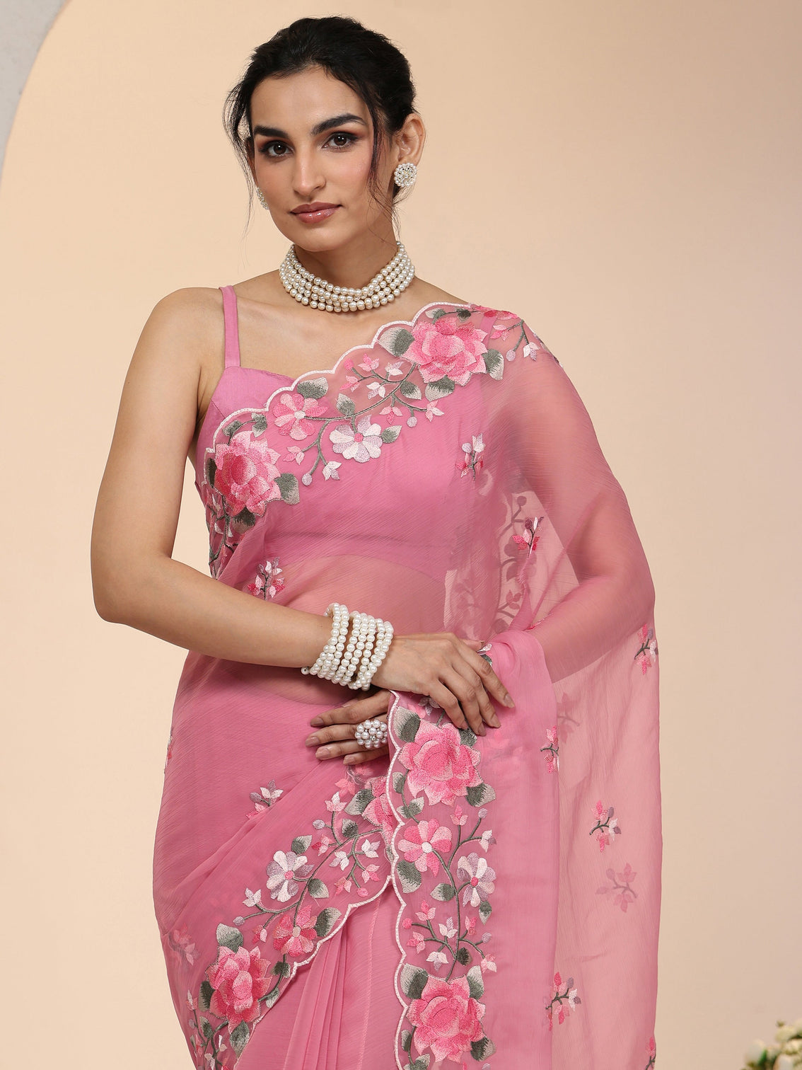 Mameraa Rose Pink Floral Embroidered Chiffon Saree with Scalloped Border
