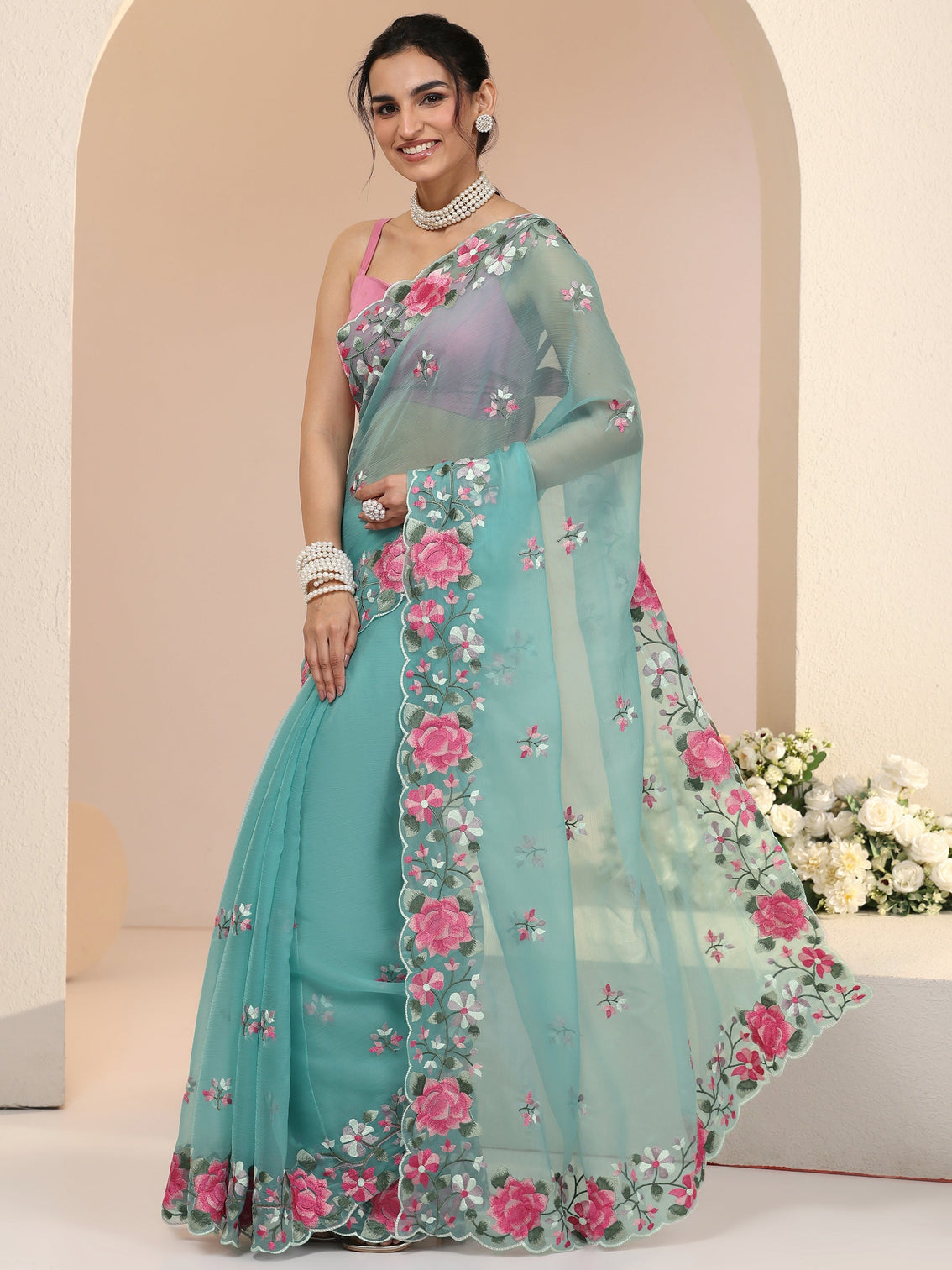 Mameraa Aqua Blue Floral Embroidered Chiffon Saree with Scalloped Border