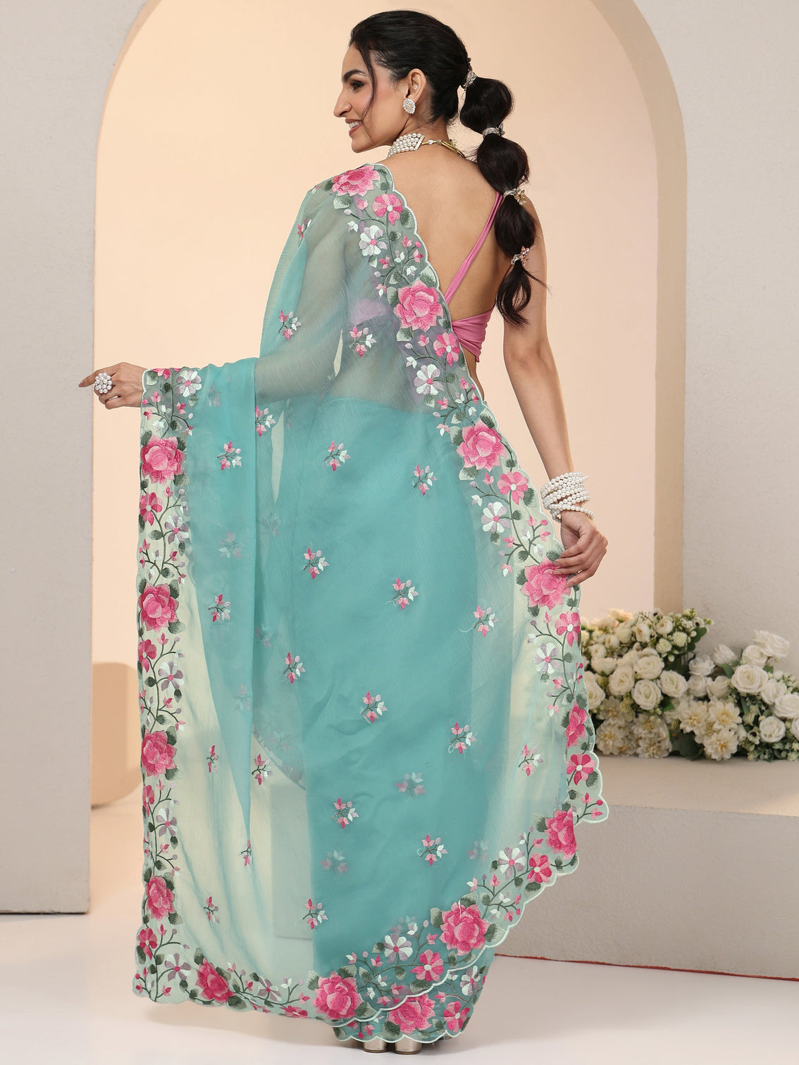 Mameraa Aqua Blue Floral Embroidered Chiffon Saree with Scalloped Border