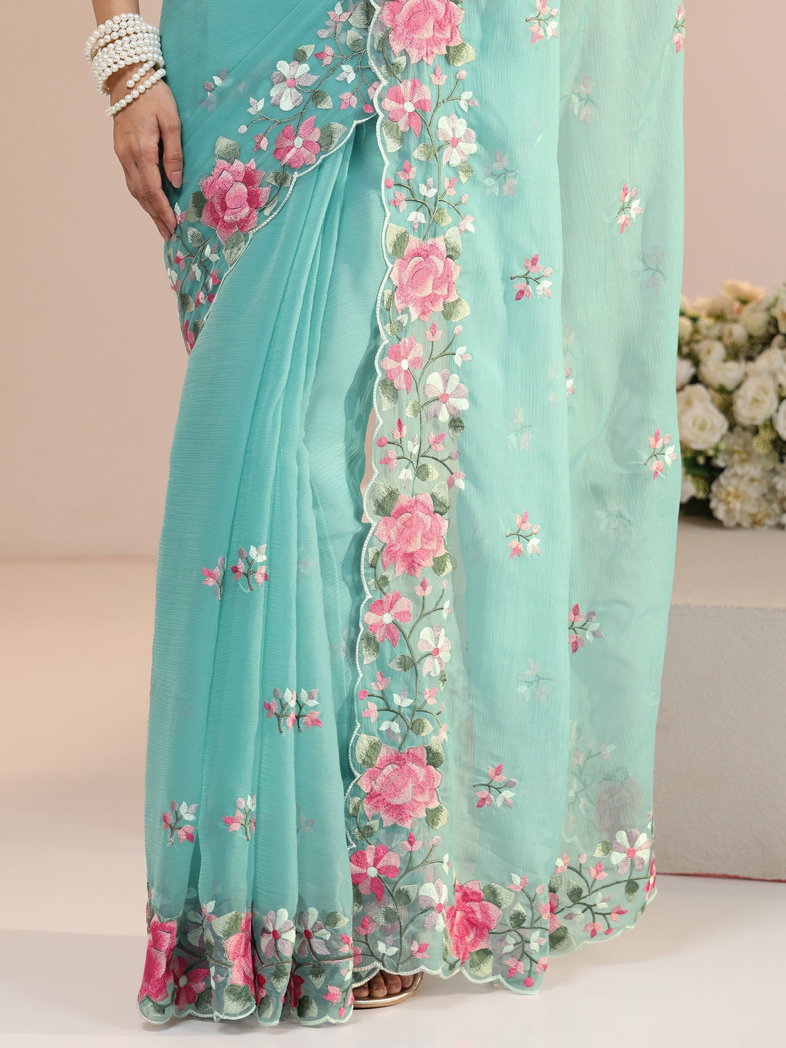 Mameraa Aqua Blue Floral Embroidered Chiffon Saree with Scalloped Border
