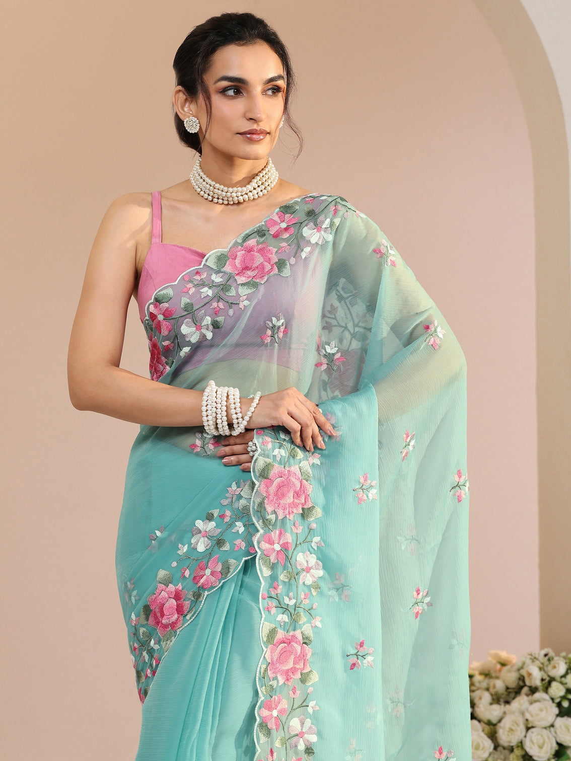 Mameraa Aqua Blue Floral Embroidered Chiffon Saree with Scalloped Border