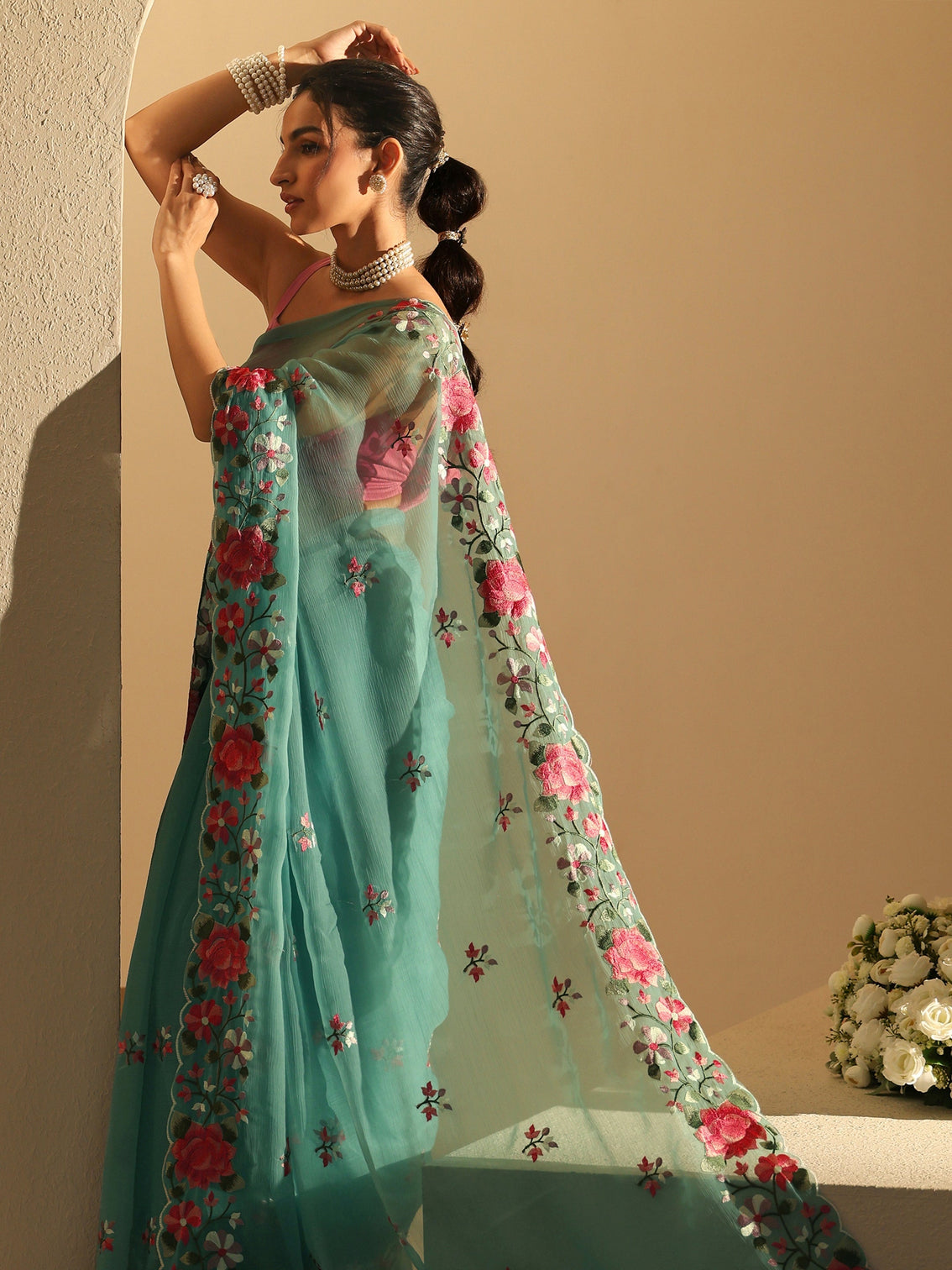 Mameraa Aqua Blue Floral Embroidered Chiffon Saree with Scalloped Border