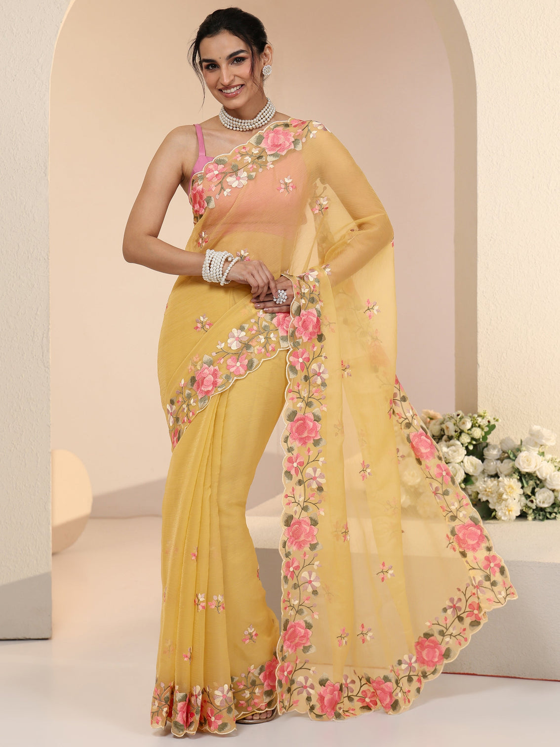 Mameraa Yellow Floral Embroidered Chiffon Saree with Scalloped Border