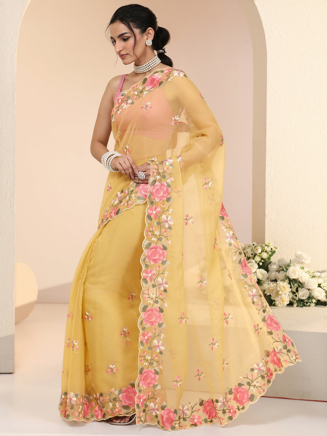 Mameraa Yellow Floral Embroidered Chiffon Saree with Scalloped Border