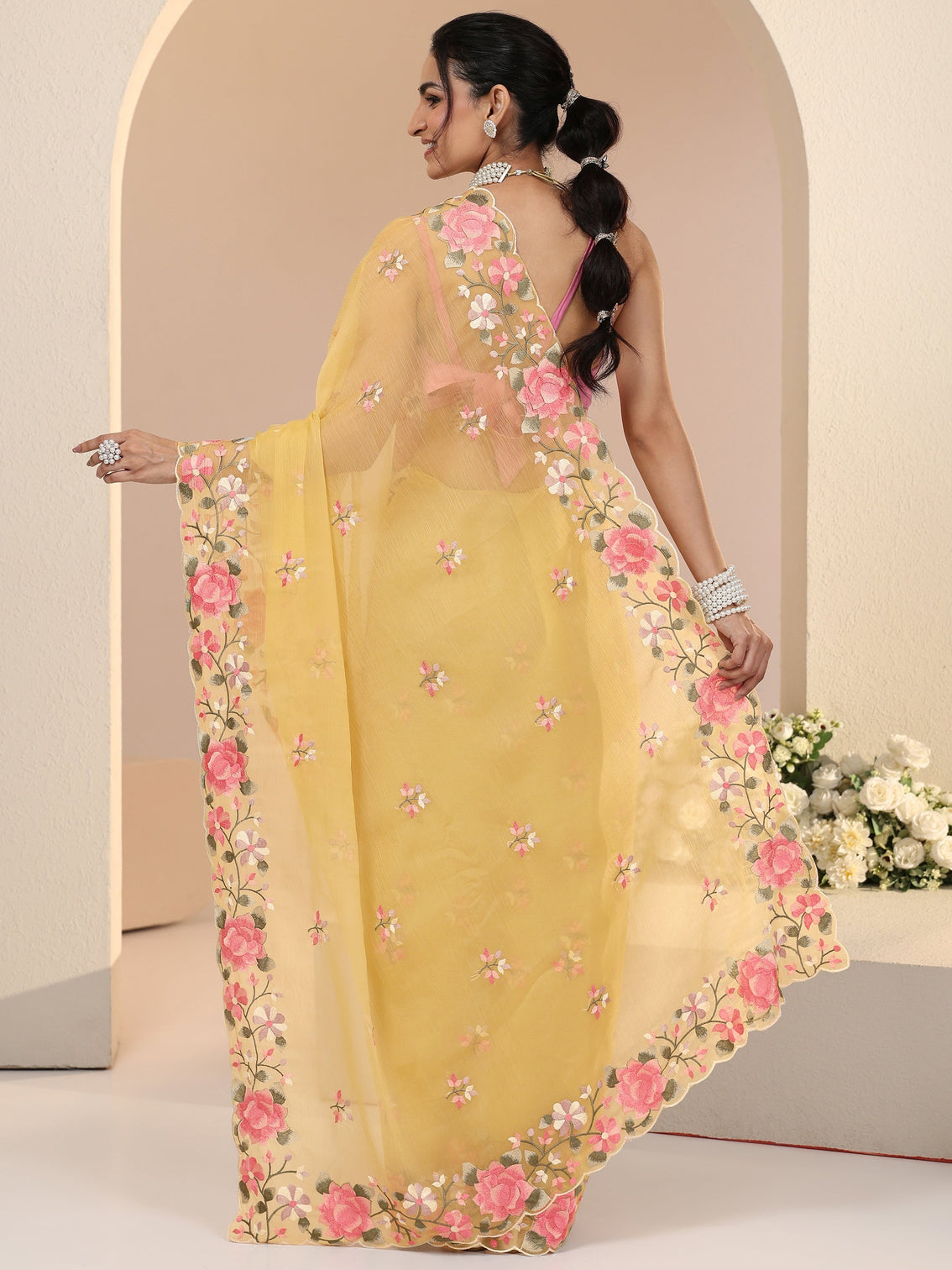 Mameraa Yellow Floral Embroidered Chiffon Saree with Scalloped Border