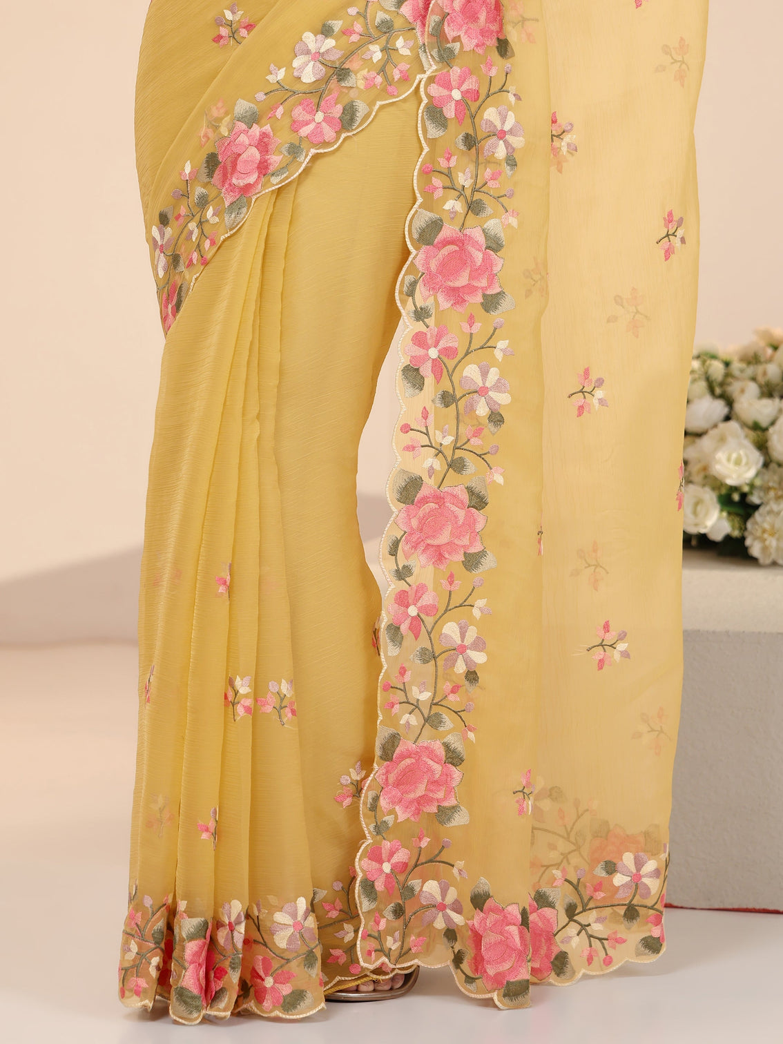 Mameraa Yellow Floral Embroidered Chiffon Saree with Scalloped Border