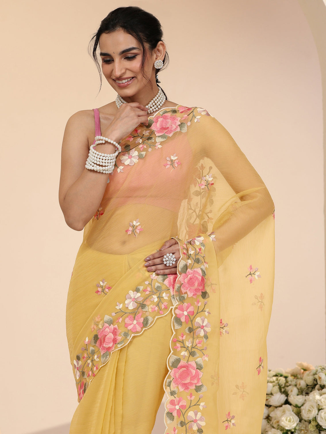 Mameraa Yellow Floral Embroidered Chiffon Saree with Scalloped Border
