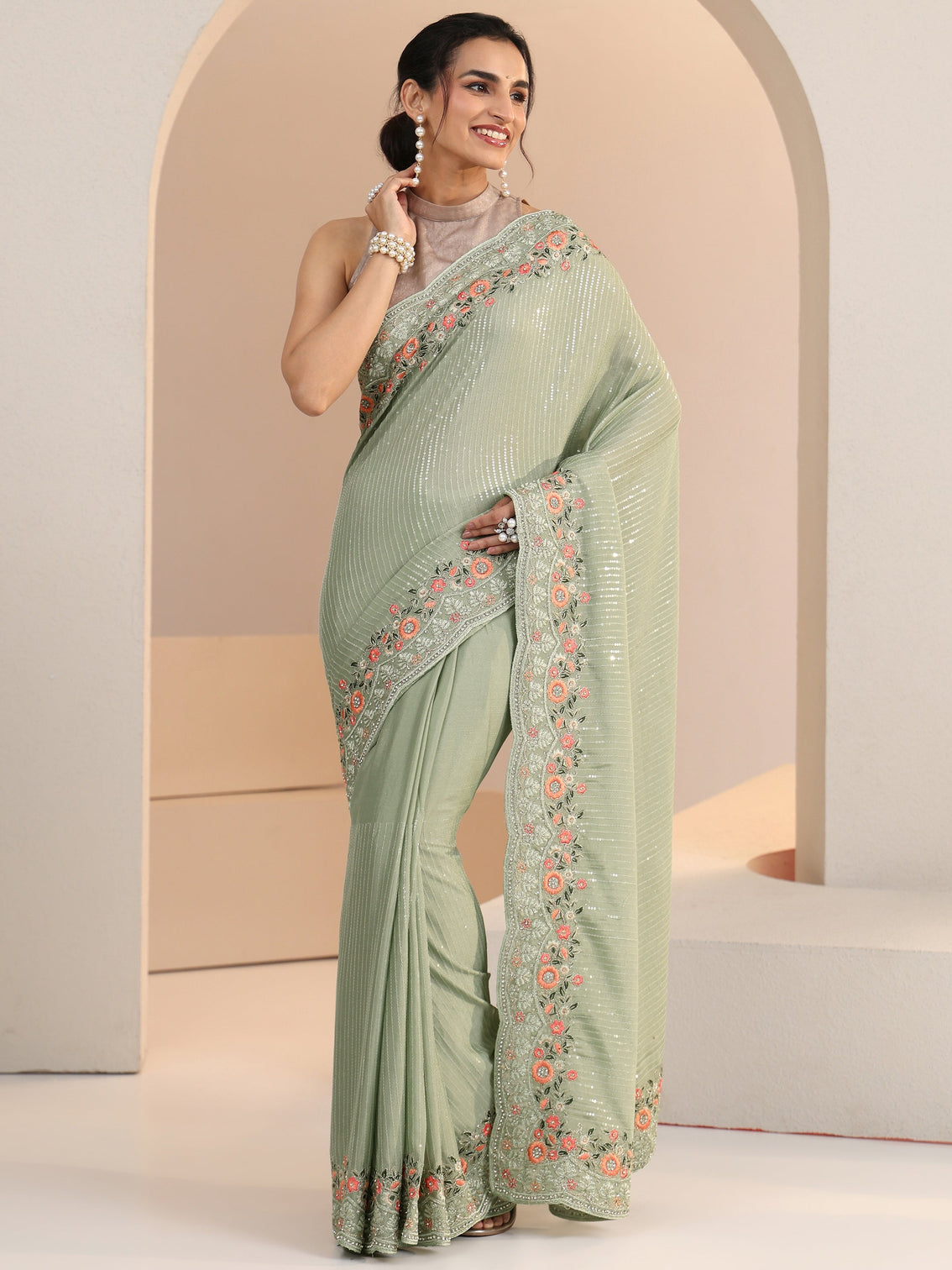Mameraa Pista Green Striped Embellished Chiffon Saree with Floral Border