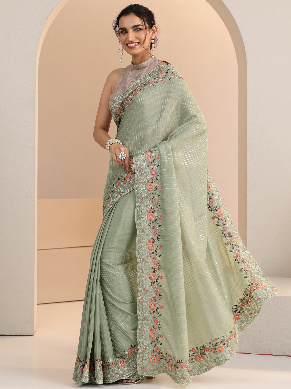 Mameraa Pista Green Striped Embellished Chiffon Saree with Floral Border