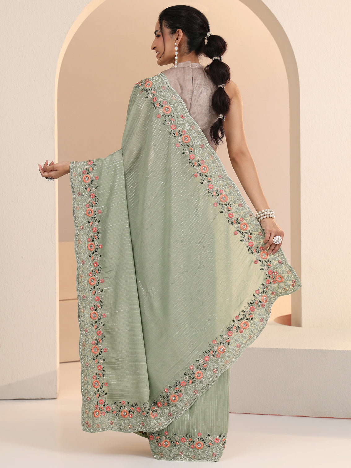 Mameraa Pista Green Striped Embellished Chiffon Saree with Floral Border