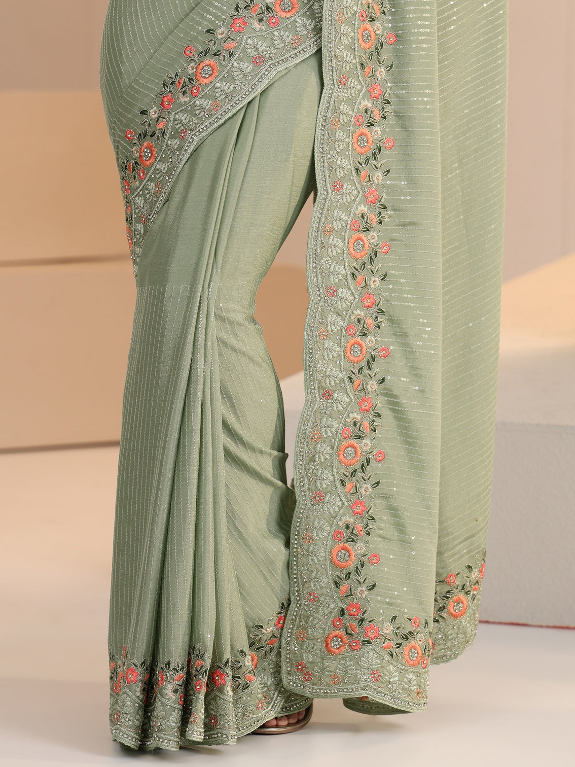 Mameraa Pista Green Striped Embellished Chiffon Saree with Floral Border