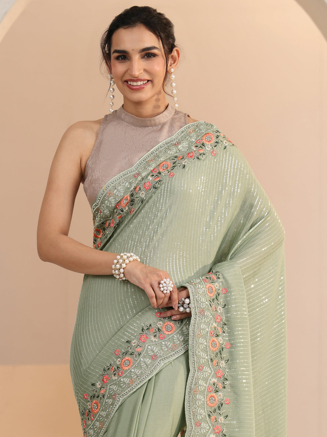 Mameraa Pista Green Striped Embellished Chiffon Saree with Floral Border