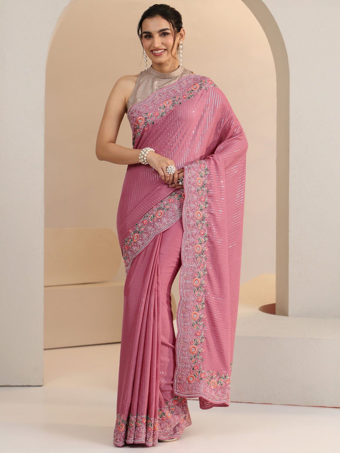 Mameraa Dusty Rose Pink Sequin Embellished Chiffon Saree with Floral Border