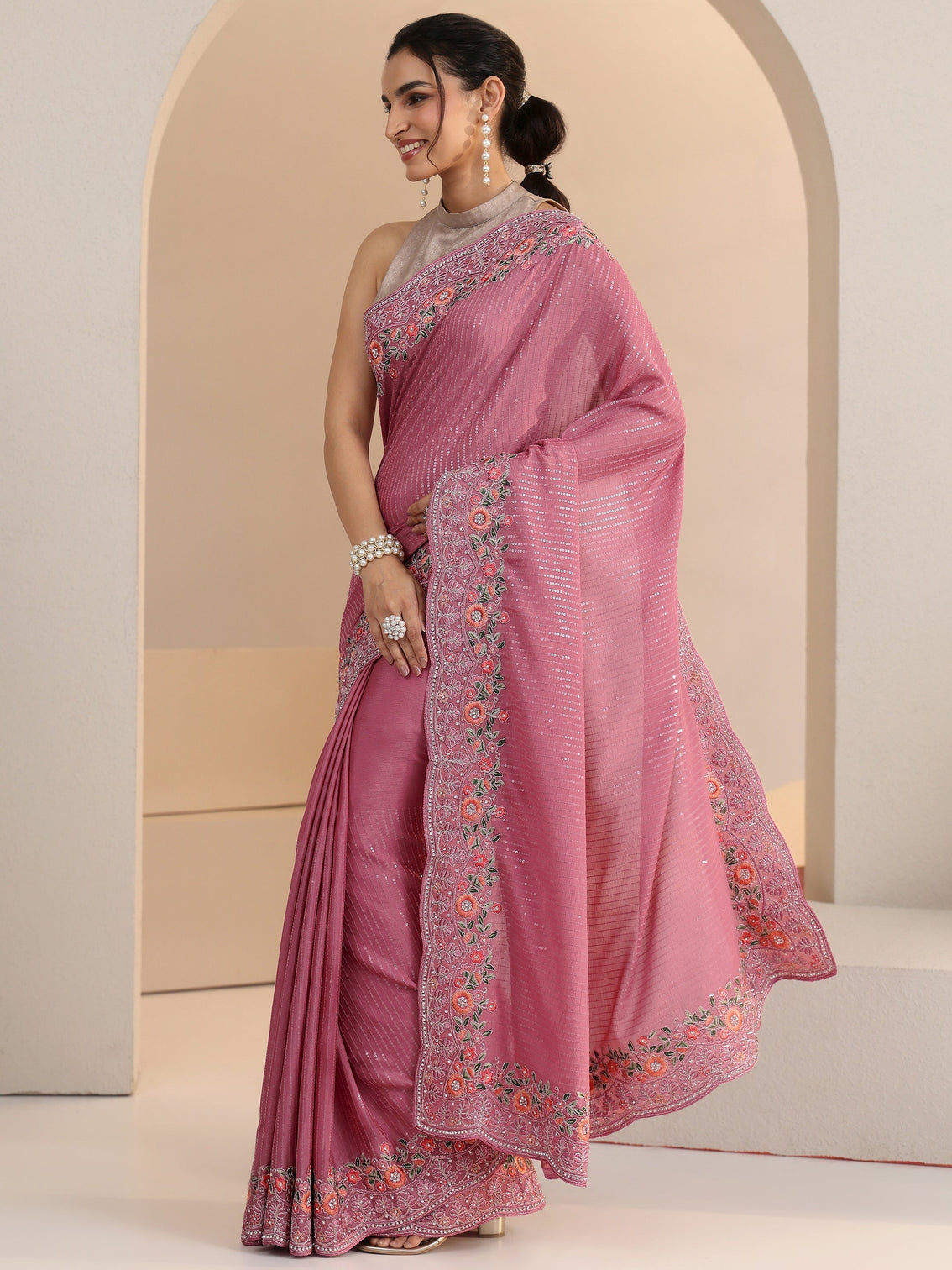 Mameraa Dusty Rose Pink Sequin Embellished Chiffon Saree with Floral Border
