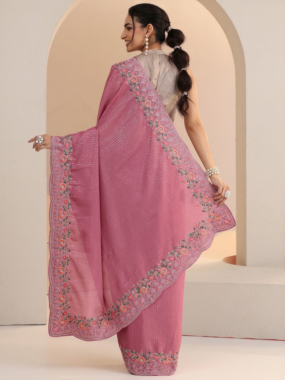 Mameraa Dusty Rose Pink Sequin Embellished Chiffon Saree with Floral Border