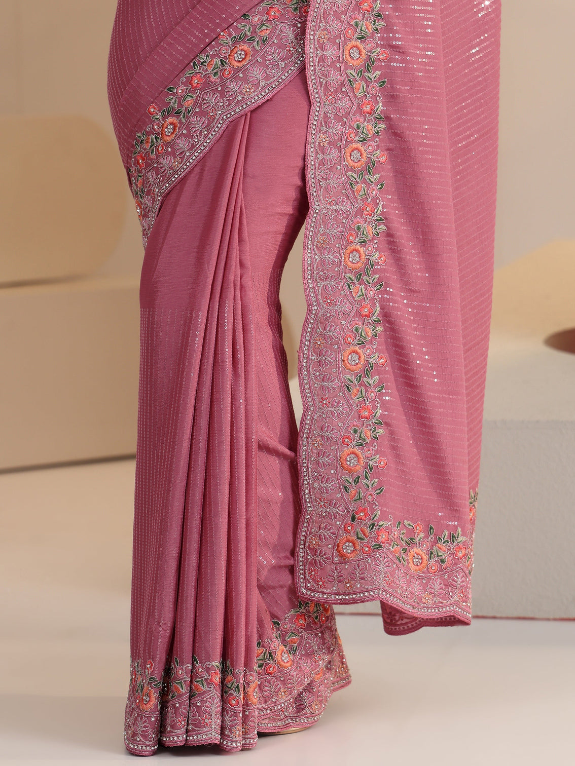 Mameraa Dusty Rose Pink Sequin Embellished Chiffon Saree with Floral Border