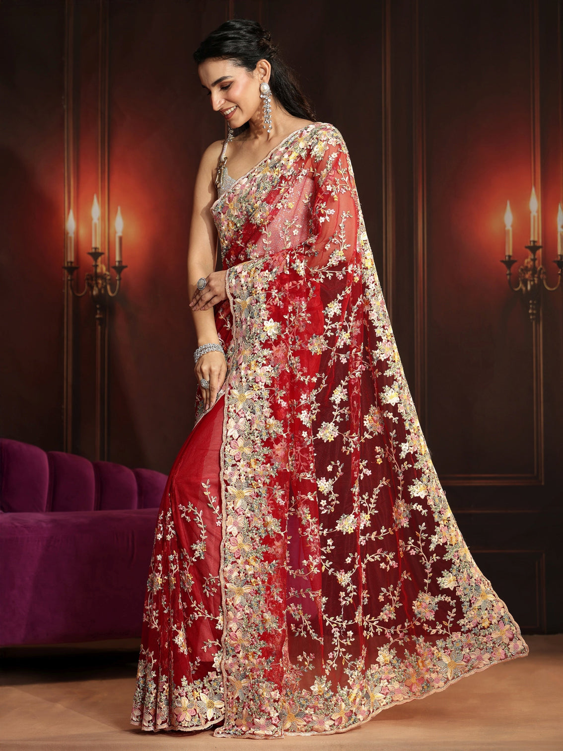 Mameraa Art Vermilion Red Floral Embroidered Net Saree