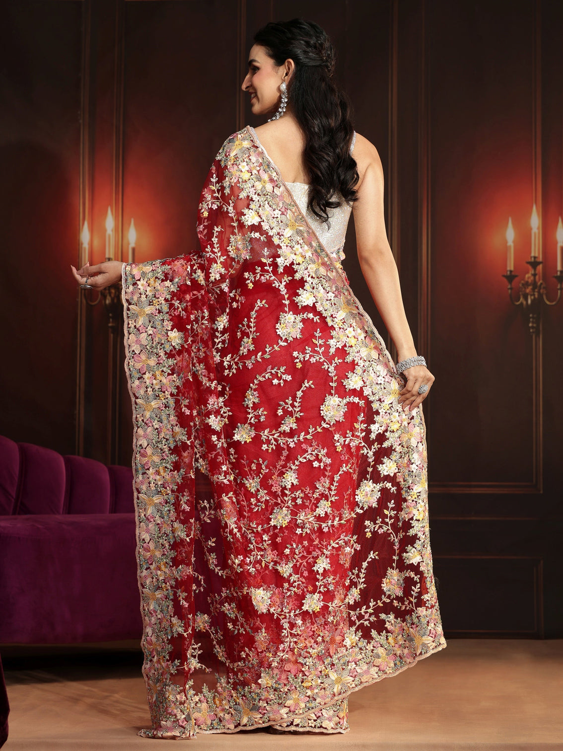 Mameraa Art Vermilion Red Floral Embroidered Net Saree
