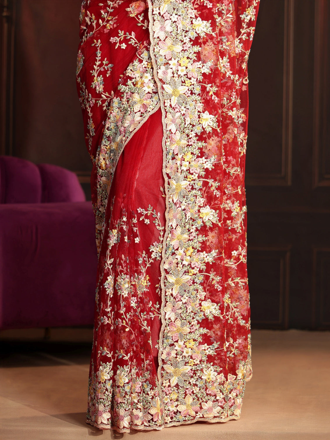 Mameraa Art Vermilion Red Floral Embroidered Net Saree
