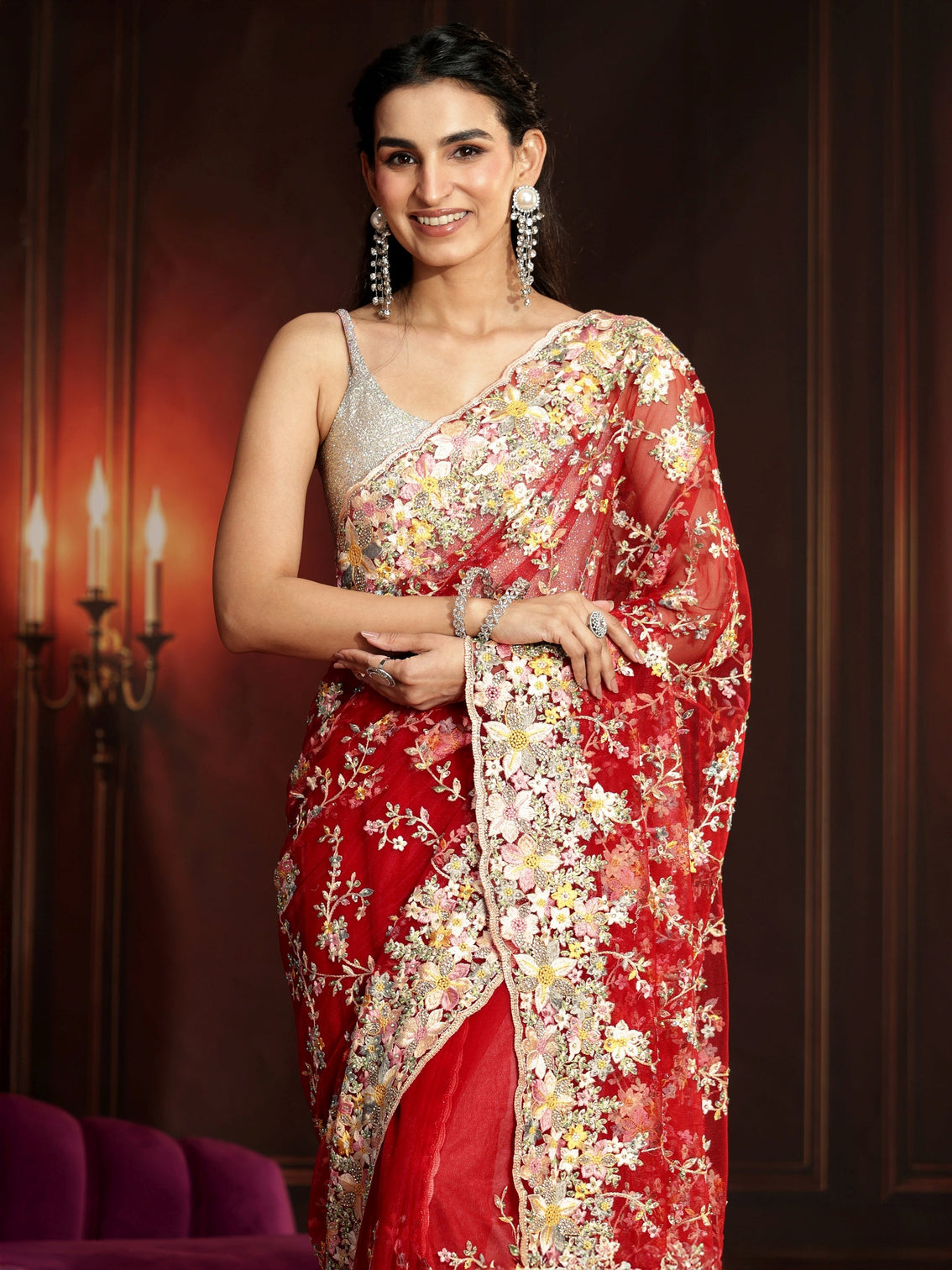 Mameraa Art Vermilion Red Floral Embroidered Net Saree