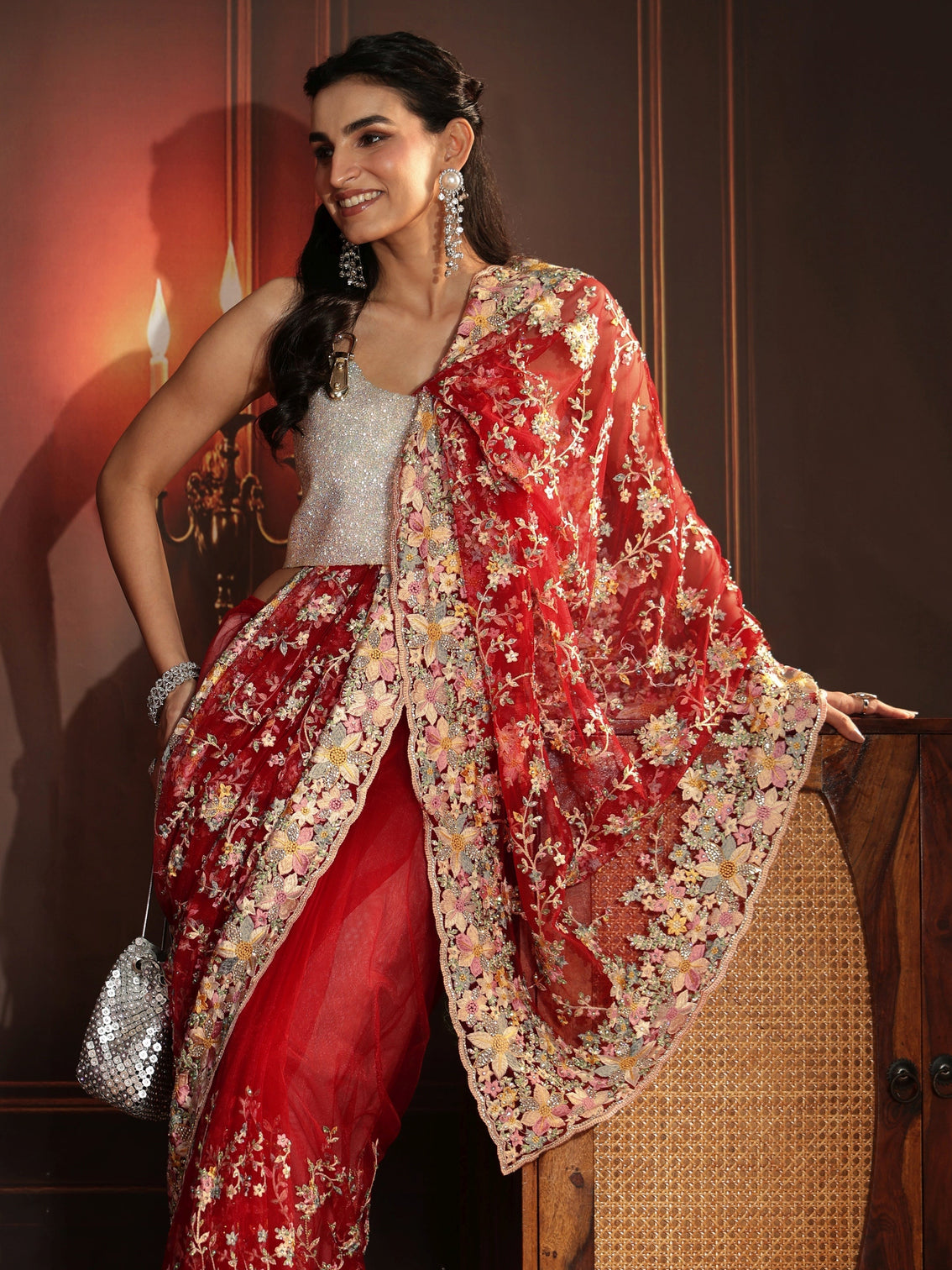 Mameraa Art Vermilion Red Floral Embroidered Net Saree