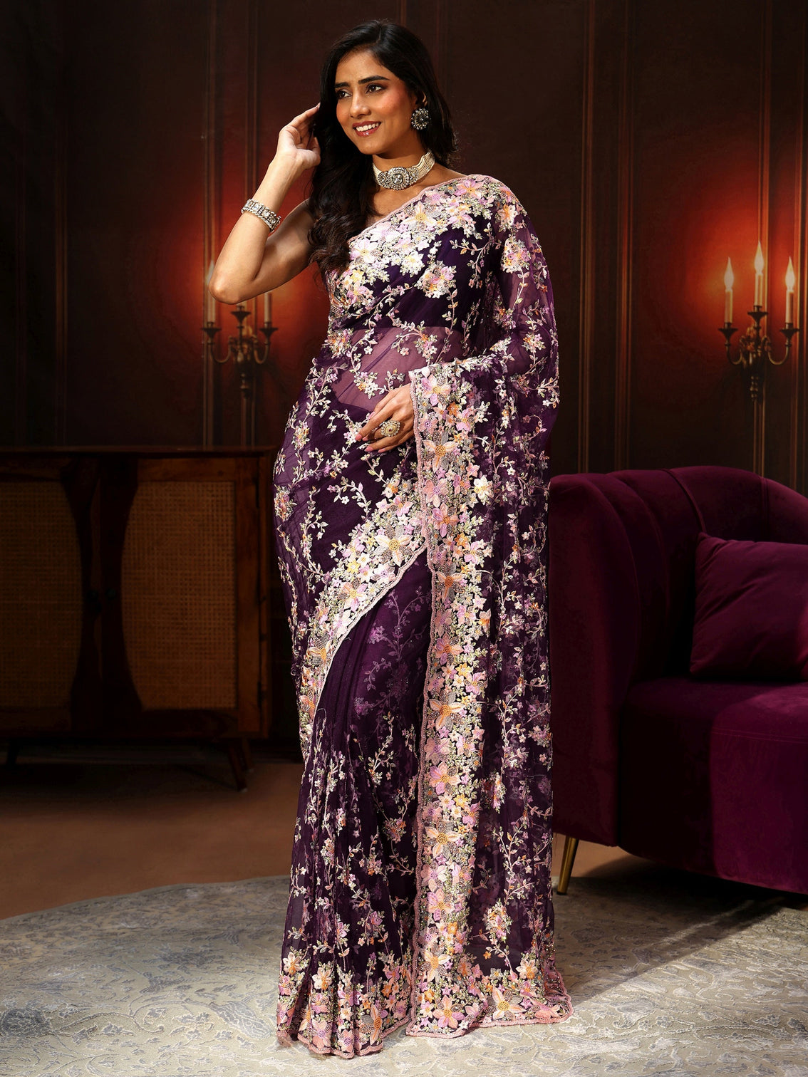 Mameraa Art Plum Purple Floral Embroidered Net Saree