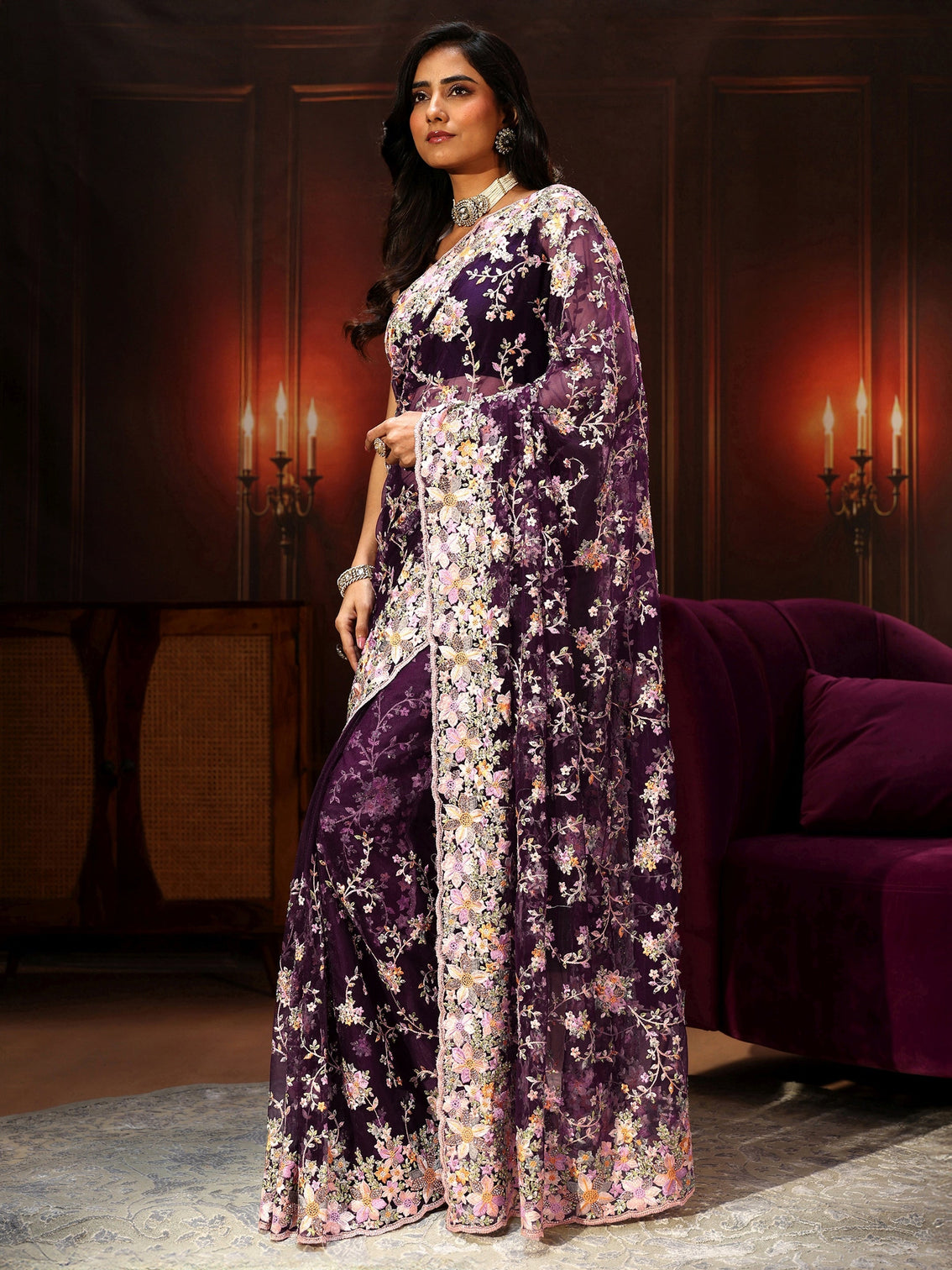 Mameraa Art Plum Purple Floral Embroidered Net Saree