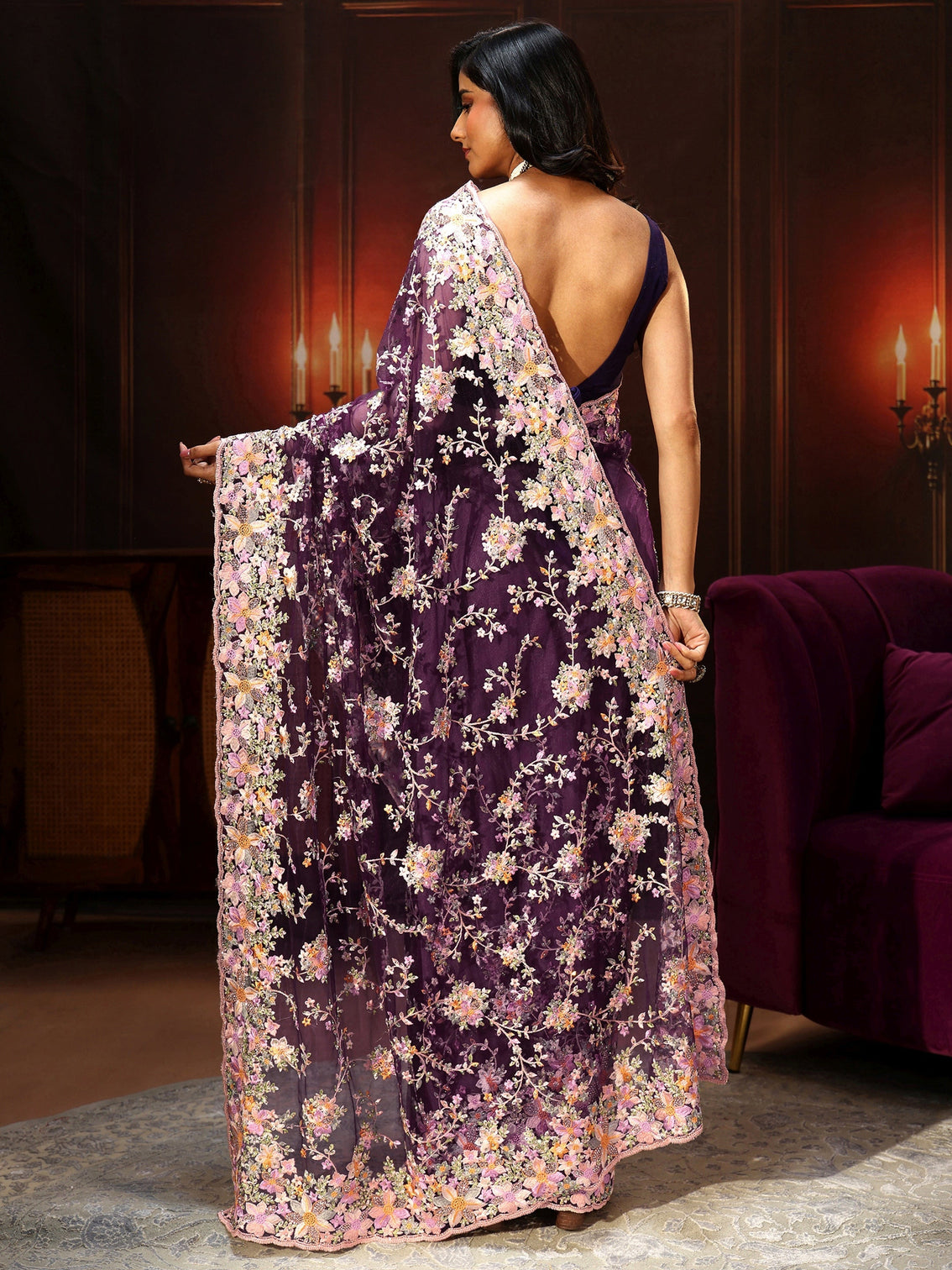 Mameraa Art Plum Purple Floral Embroidered Net Saree