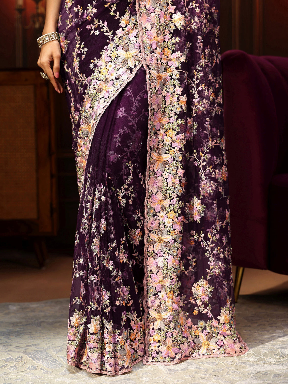 Mameraa Art Plum Purple Floral Embroidered Net Saree
