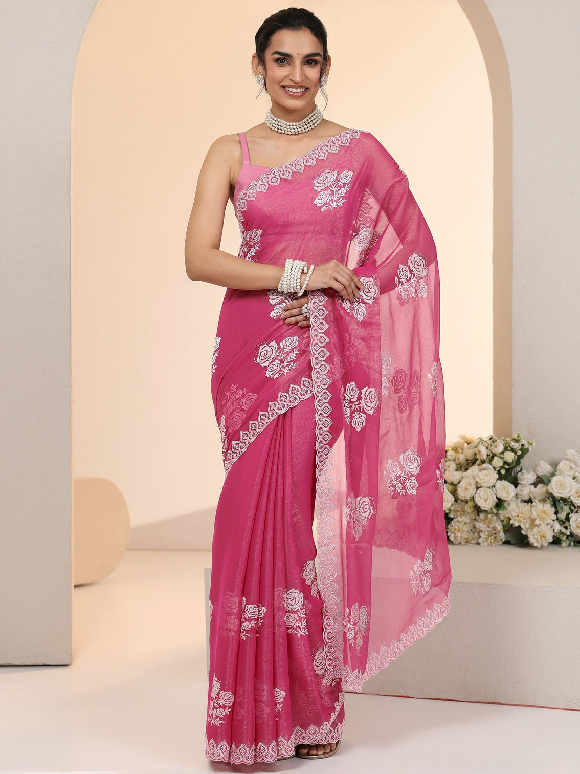 Mameraa Fuchsia Pink Floral Embroidered Chiffon Saree