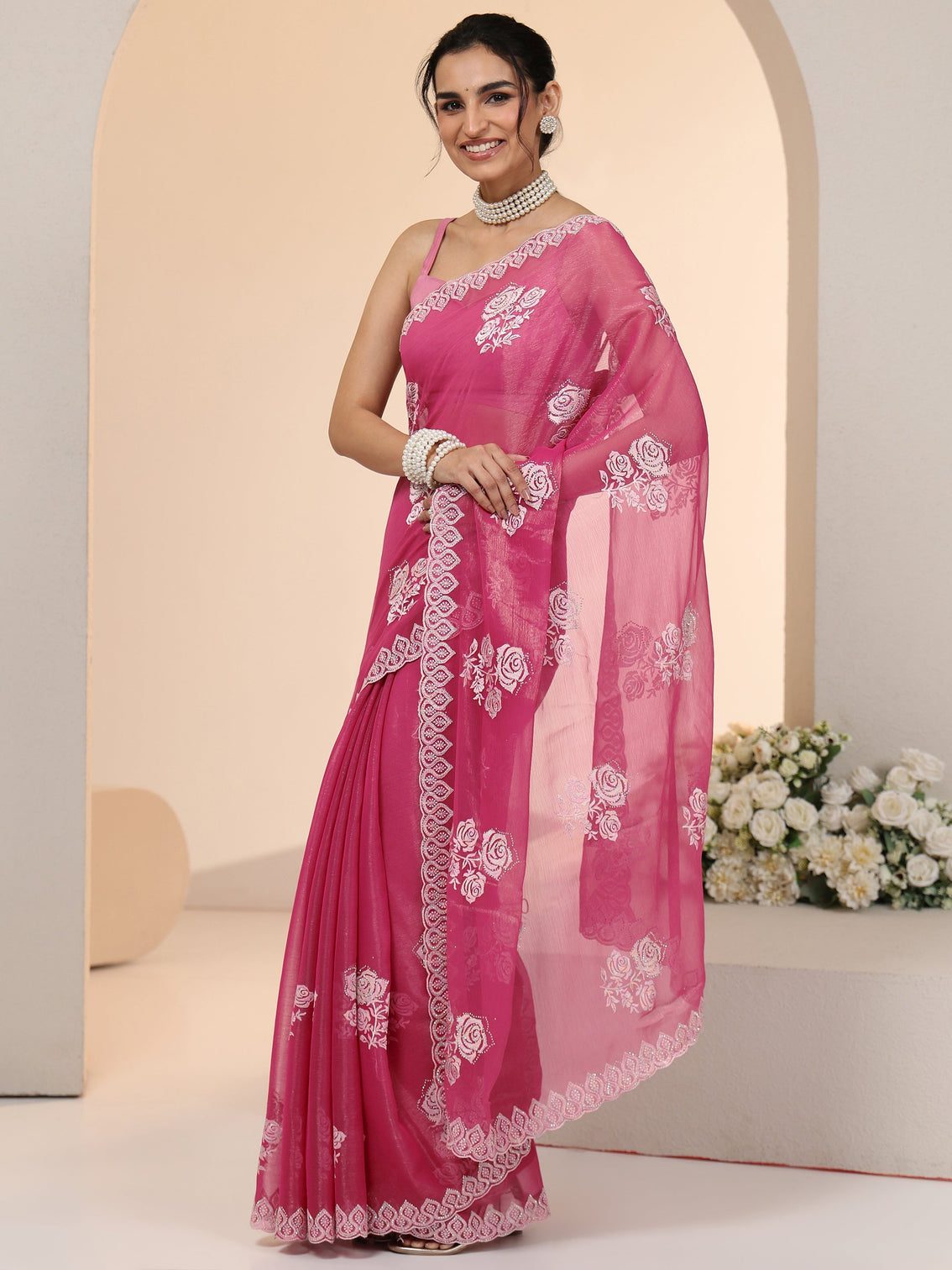 Mameraa Fuchsia Pink Floral Embroidered Chiffon Saree