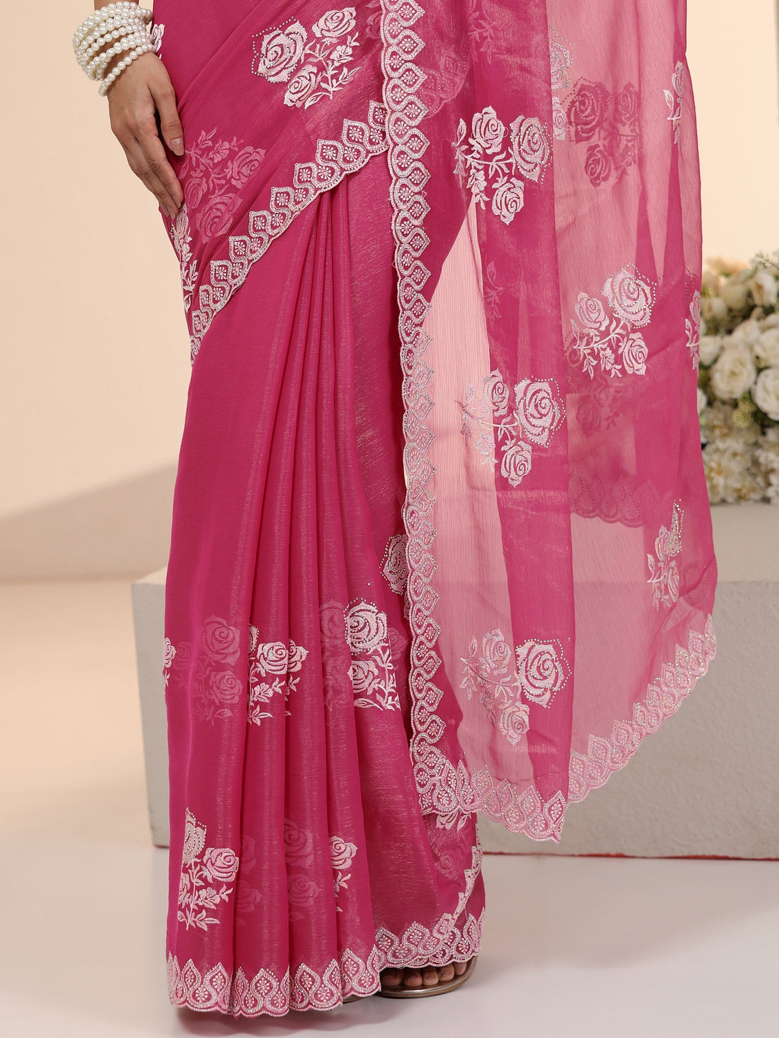 Mameraa Fuchsia Pink Floral Embroidered Chiffon Saree