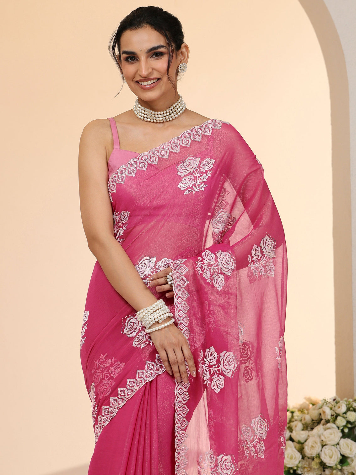 Mameraa Fuchsia Pink Floral Embroidered Chiffon Saree