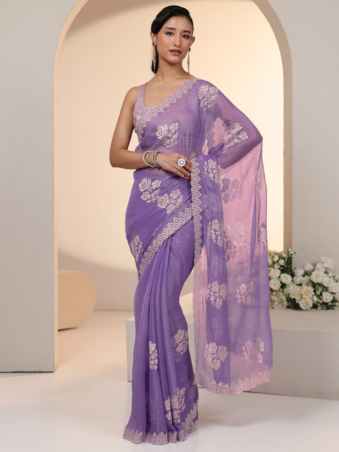 Mameraa Lavender Floral Embroidered Chiffon Saree