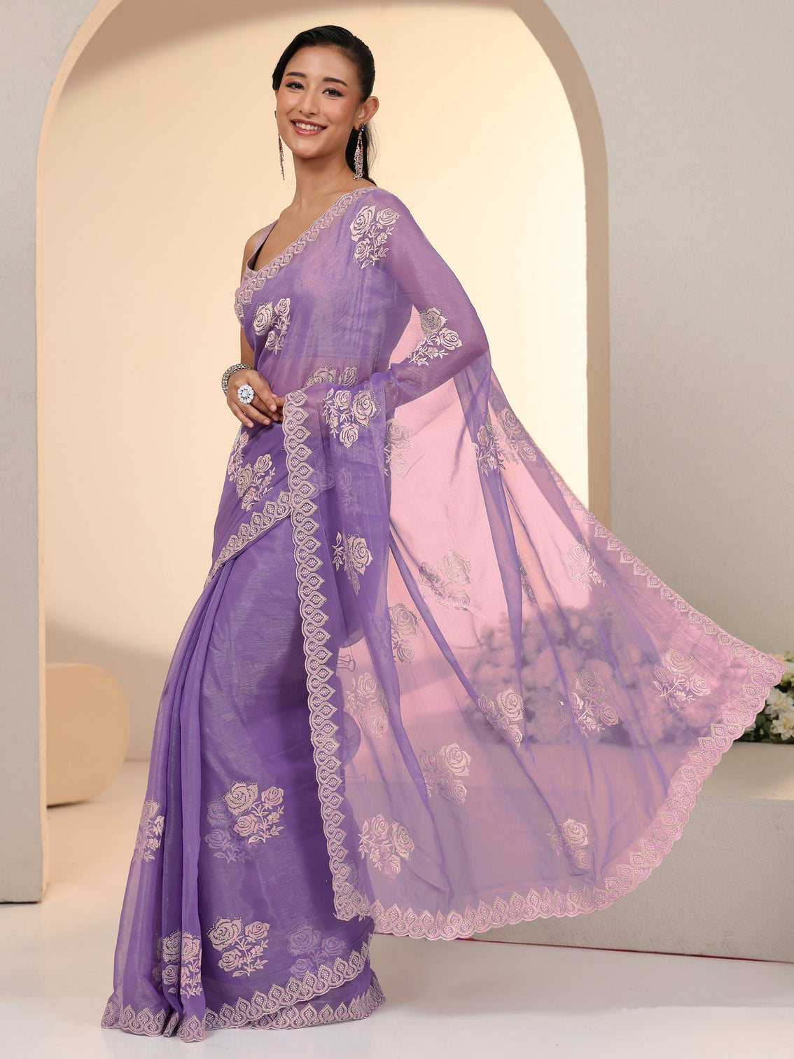 Mameraa Lavender Floral Embroidered Chiffon Saree