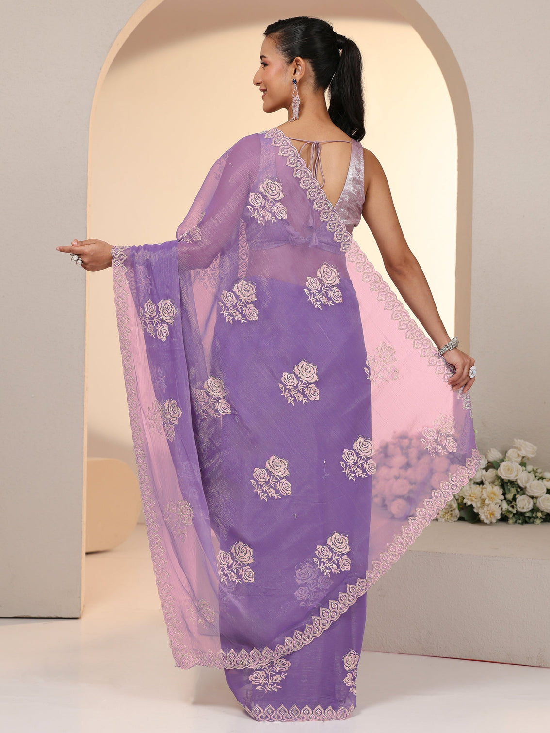 Mameraa Lavender Floral Embroidered Chiffon Saree