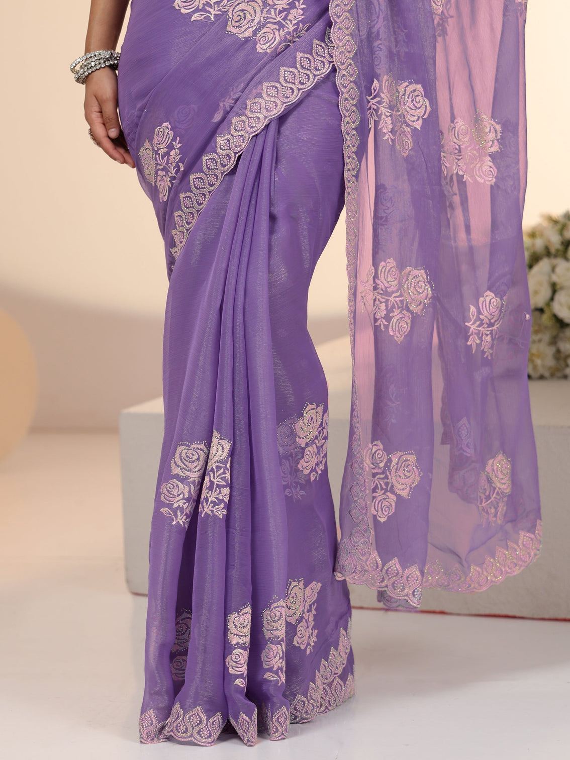 Mameraa Lavender Floral Embroidered Chiffon Saree