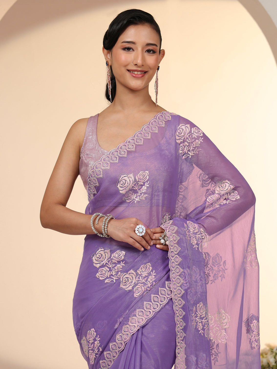 Mameraa Lavender Floral Embroidered Chiffon Saree