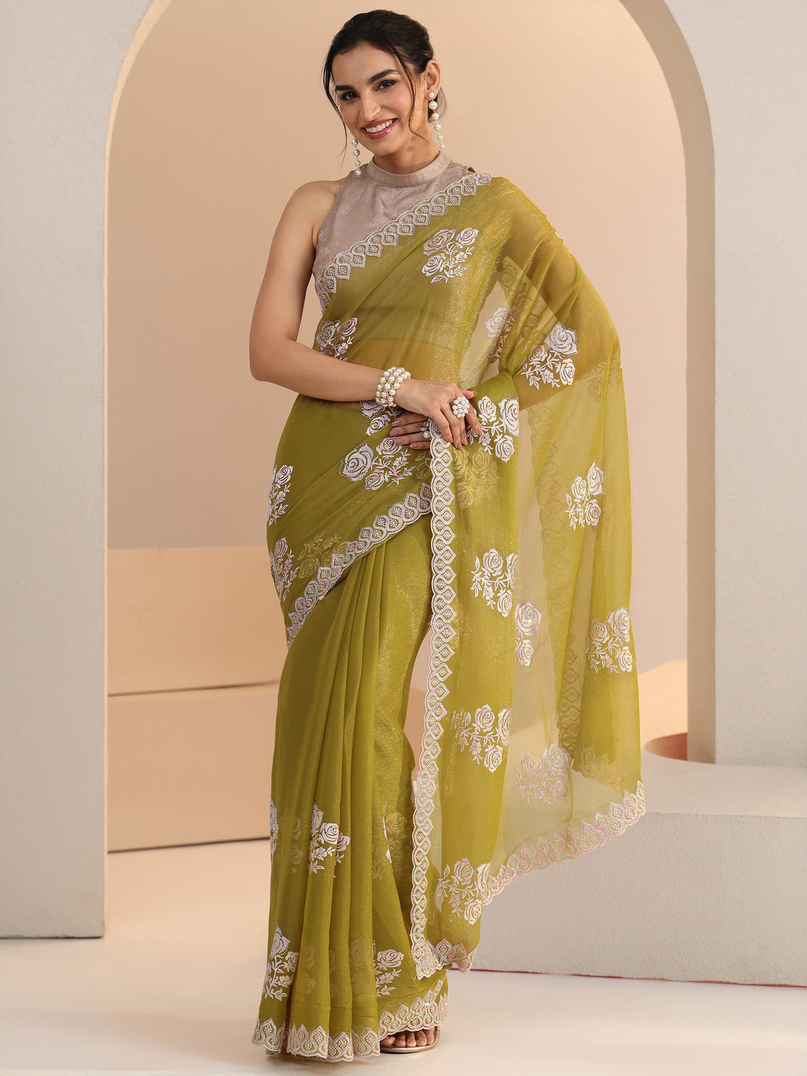Mameraa Light Henna Green Floral Embroidered Chiffon Saree