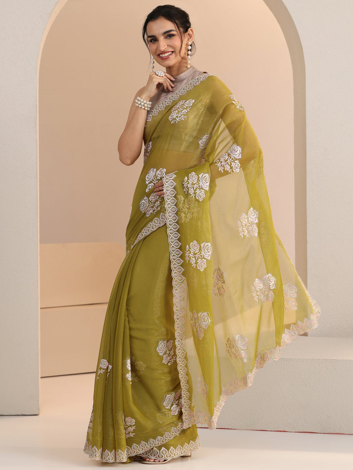 Mameraa Light Henna Green Floral Embroidered Chiffon Saree