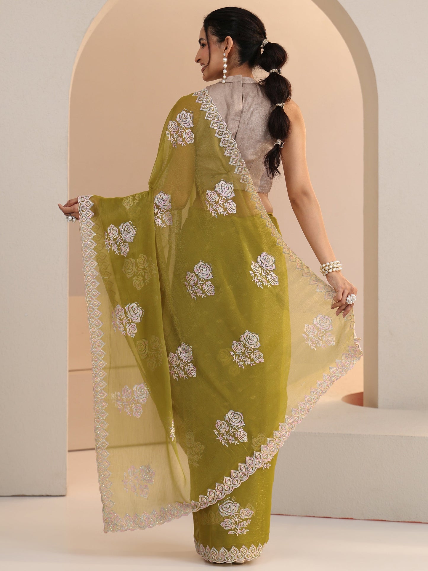 Libas Light Henna Green Floral Embroidered Chiffon Saree