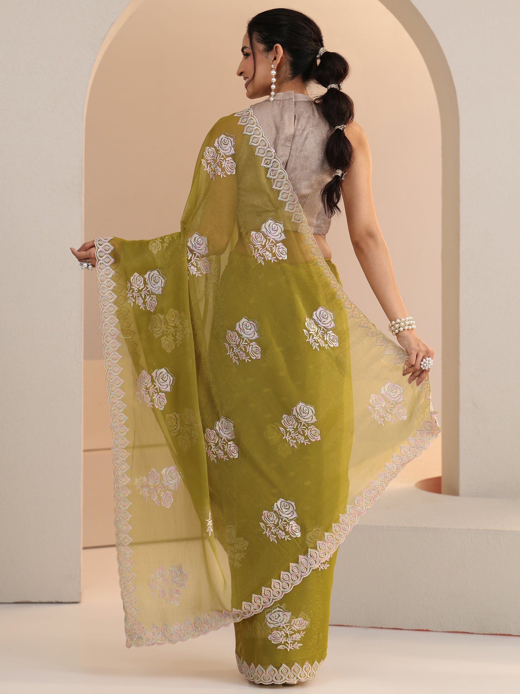 Libas Light Henna Green Floral Embroidered Chiffon Saree